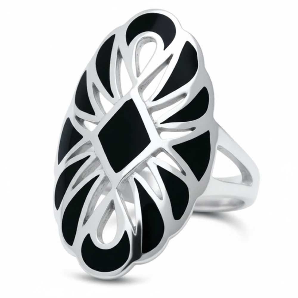 Womens Sterling Silver 925 Black Onyx Oval Filigree Cocktail Ring Size 7